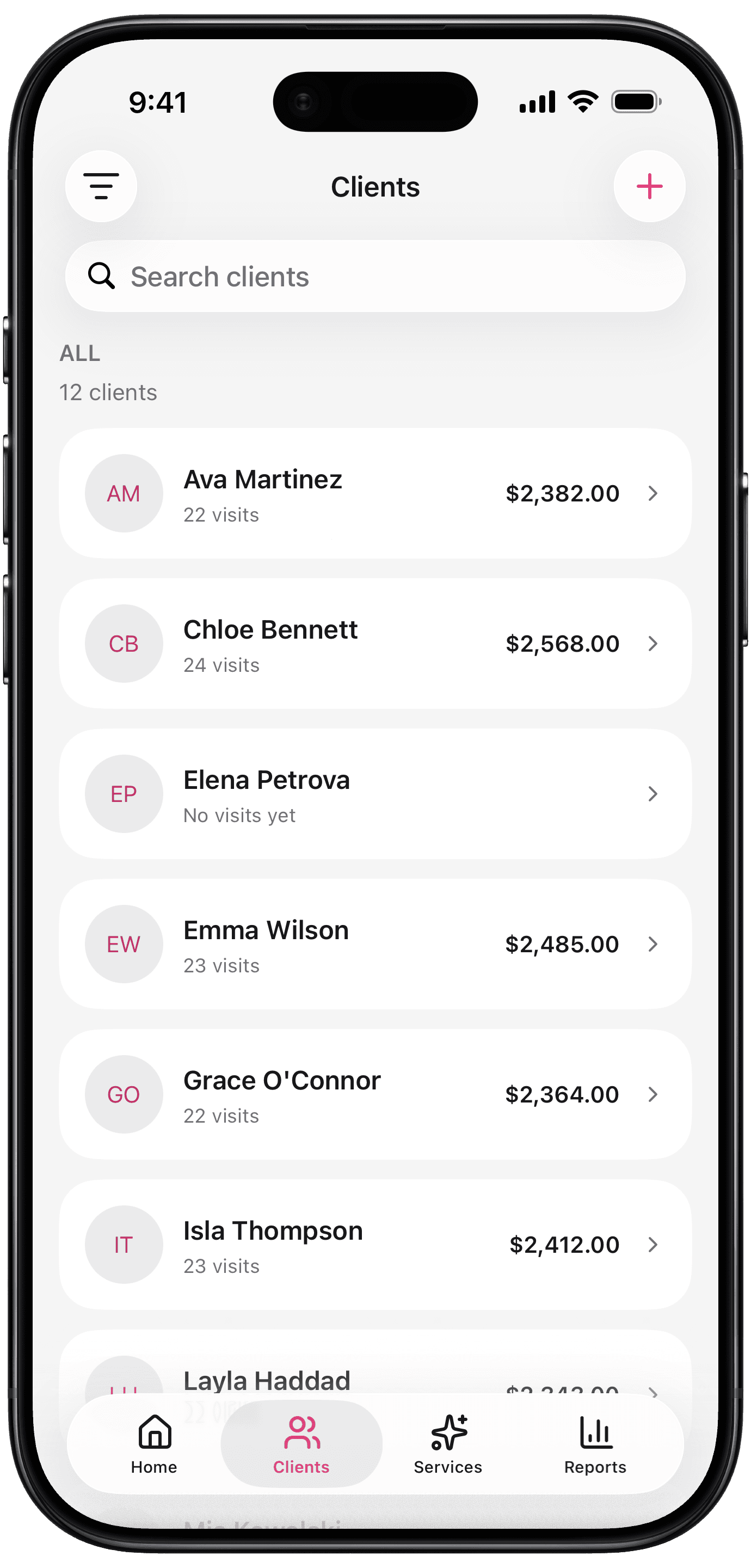The Clients screen in the iBeauty app