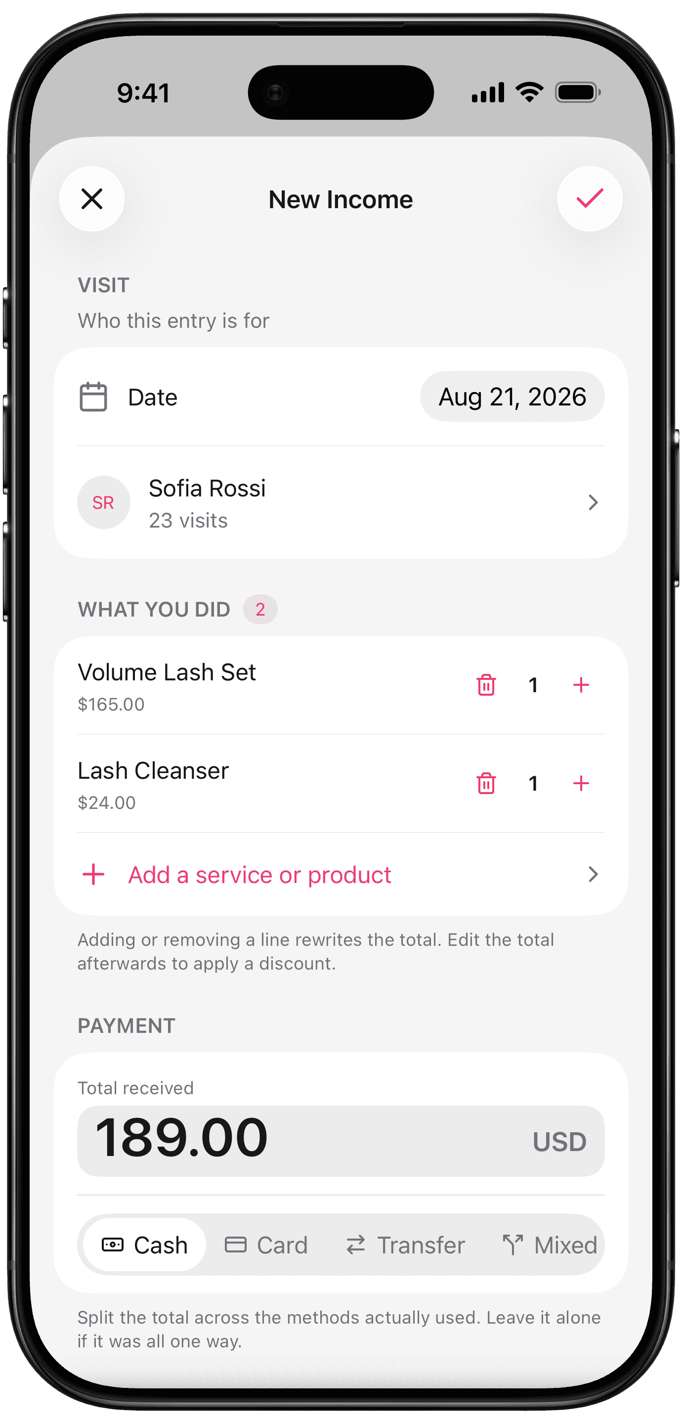 The Adding income screen in the iBeauty app