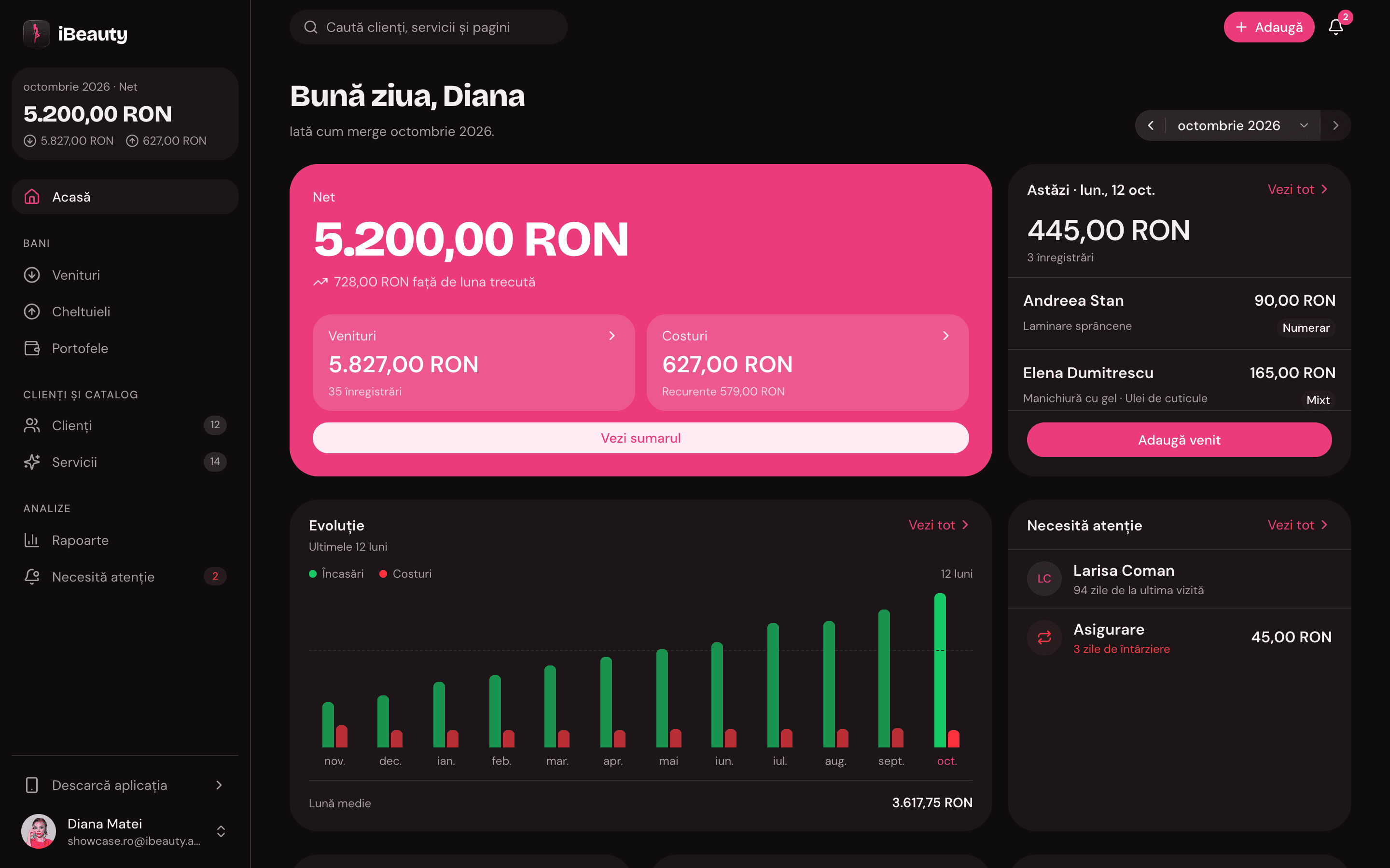 Ecranul Acasă din iBeauty pe web: netul lunii, vizitele de azi, evoluția anului și ce necesită atenție