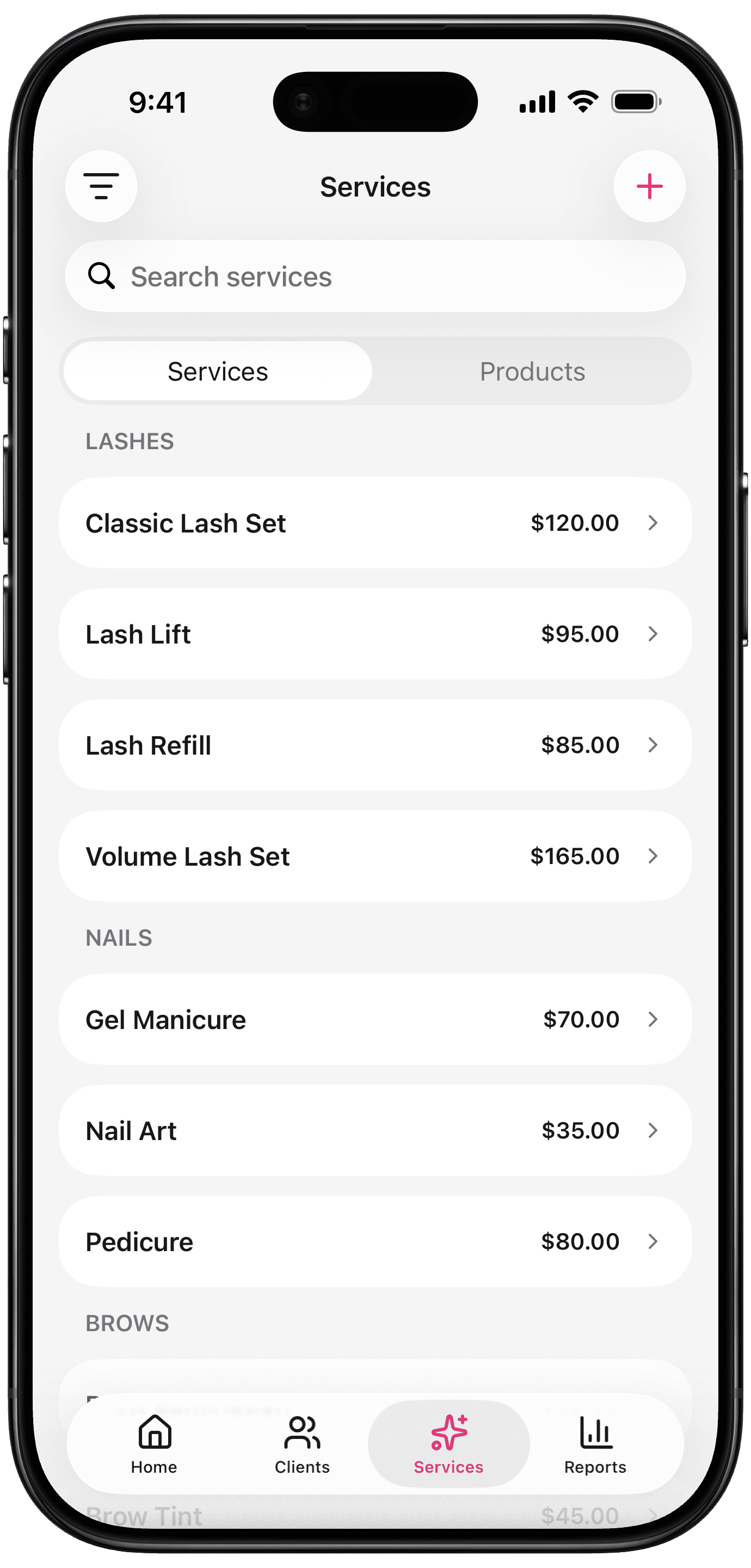 The Services screen in the iBeauty app